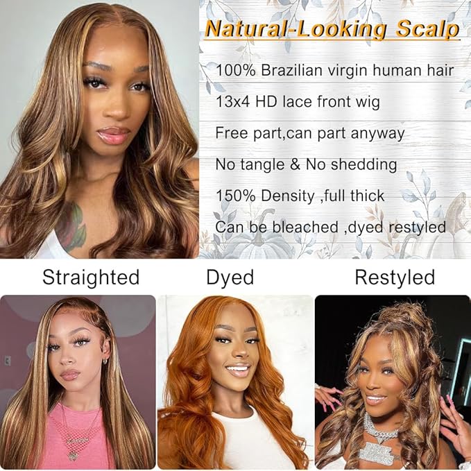 Azkiu Highlight Ombre Lace Front Wig Human Hair 4/27 Honey Blonde lace Frontal Wigs Pre Plucked with Baby Hair 13x4 Colored Body Wave HD Lace Front wig Human Hair Natural Hairline 150% Density18Inch
