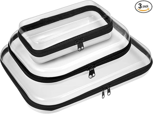 3 Pack Zippered Hard Pouch, Clear Hard Shell Zipper Case, Clear Plastic Storage Box Containers Small Toiletry Bag for Small Items, Toys, Building Blocks, Puzzles, Cosmetics&Stationery, 3 Size (Black)