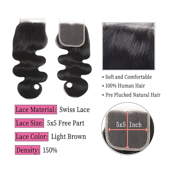 12A Body Wave Human Hair Bundles with Closure (14 16 18+12,Free Part) Closure with 3 Bundles Brazilian Virgin Hair Extensions with Pre Plucked with Baby Hair 5X5 HD Lace Closure Natural Black Color