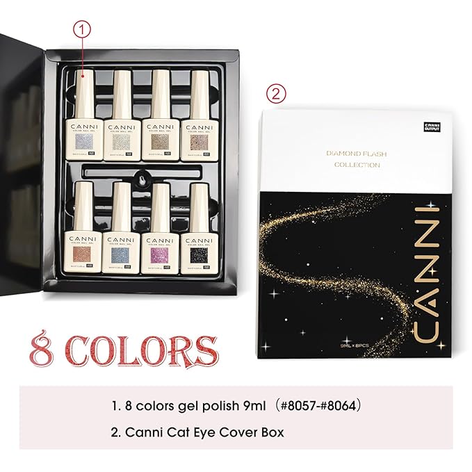 CANNI 8 Pcs 9 ML Glitter Diamond Gel Nail Polish Set, Shimmer Sparkly Shiny Black Gold Silver Blue Green Purple Colors Gel Polish Kit Soak Off Led Nail Art Manicure Salon DIY