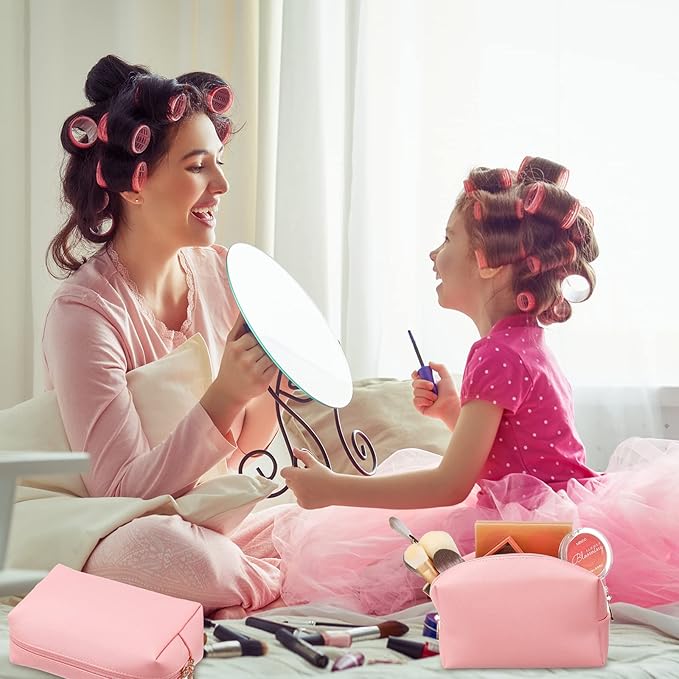 Sanwuta 9 Pcs Preppy Makeup Bag PU Leather Cosmetic Bag Makeup Pouch Plain Waterproof Toiletry Organizers for Traveling Preppy Travel Purse End of the Year Teacher Gifts Bulk(Pink)