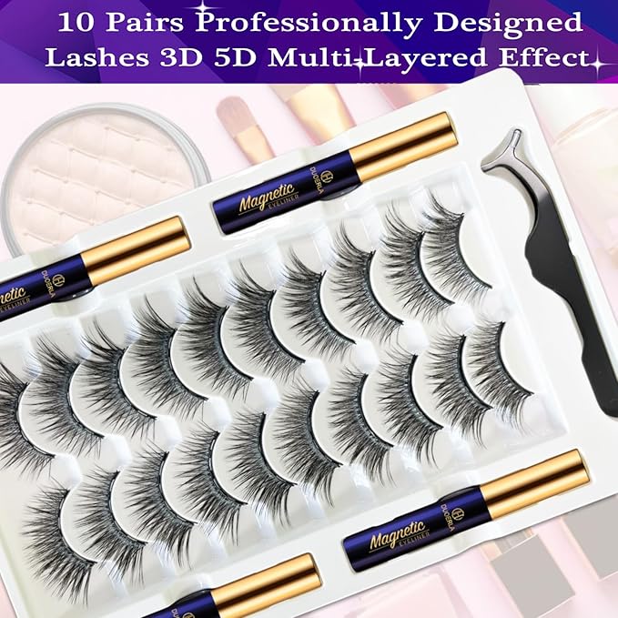 DUOERLA Magnetic Eyelashes Natural Look,Wispy Cat Eye Magnetic Lashes with Eyeliner Kit,Upgraded Long Lasting,Reusable,Easy to apply,Black,with Applicator,Vegan & Cruelty Free 10 Pairs,
