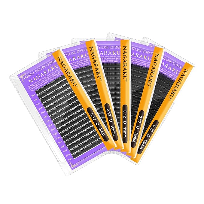 NAGARAKU 5 Trays Eyelash Extensions Individual Lashes 0.12mm D curl 9/10/11/12/13mm in 1 pack Classic Matte Black Natural Professional Faux Mink 16 rows