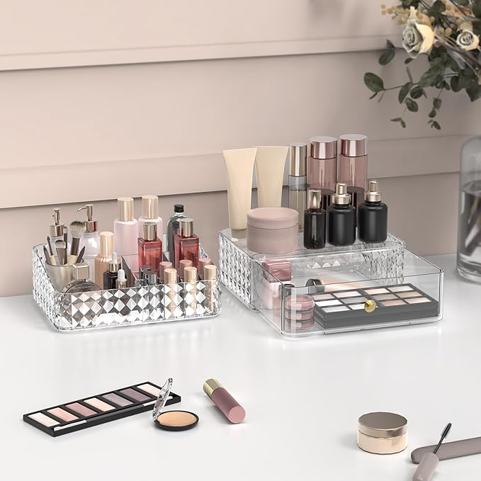 Makeup Organizer for Vanity, Stackable Cosmetics Organizer and Storage, Cosmetic Display Cases with 1 Drawers and 1 Tray for Makeup Brush, Hair Accessories, Lipstick and Jewelry, Clear