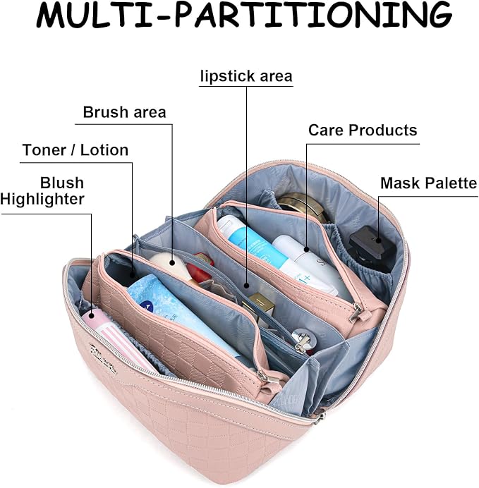 BOYATU Travel Makeup Bag Organizer Cosmetic Bag: 3 Pcs Set Make up Bags for Women with Handle - Waterproof Vegan Leather Toiletry Bags with Comparments (Pink)