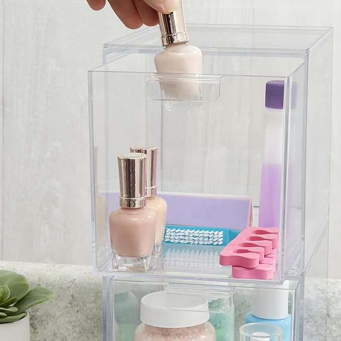 STORi Audrey Stackable Bin Clear Plastic Organizer Drawers | 2 Piece Set | Organize Cosmetics and Beauty Supplies on a Vanity | Made in USA