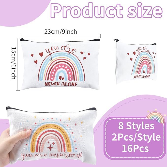 16PCS Rainbow Canvas Cosmetic Bag Bulk Inspirational Quotes Makeup Bags with Zipper Toiletry Bag Encouragement Travel Pouch for Women Girls Teacher Friend Birthday