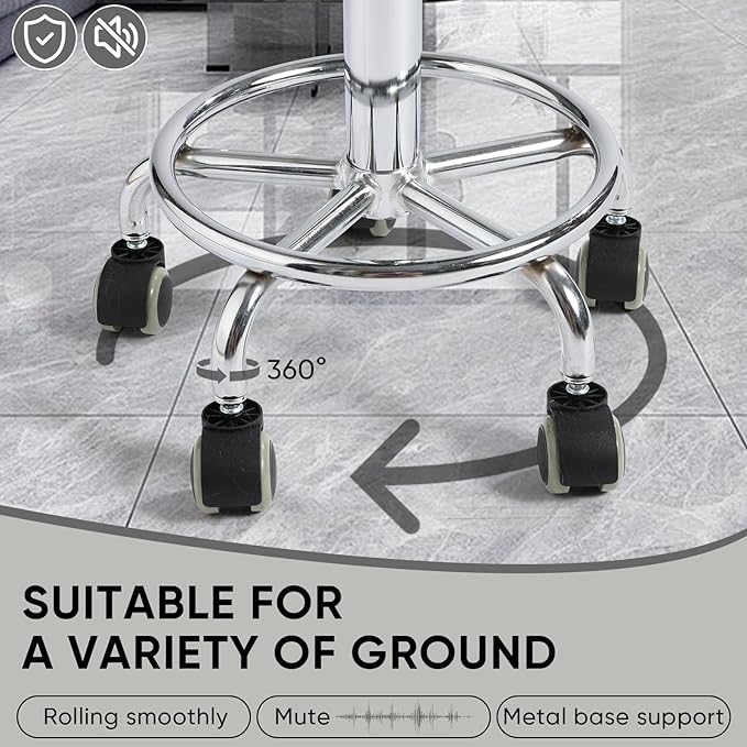 Adjustable Rolling Stool with Wheels - Ergonomic Salon & Tattoo Artist Chair, Office Stool with Comfortable PU Leather Seat, Grey