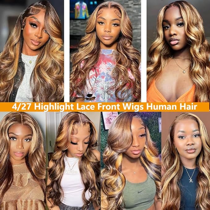 4/27 Highlight Lace Front Wigs Human Hair Body Wave Ombre Wigs for Women 13x4 HD Lace Front Wigs Human Hair 180 Density Honey Blonde Wig Human Hair Pre Plucked With Baby Hair 26 Inch