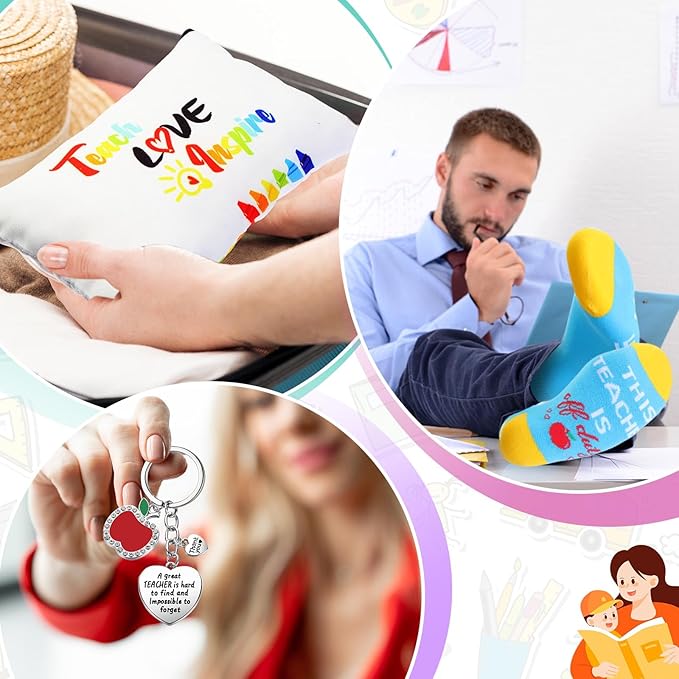 24 Pieces Women Teacher Appreciation Thank You Gift Set, Socks, Makeup Bags, Inspirational Notepads, Keychains for Christmas(Stylish)