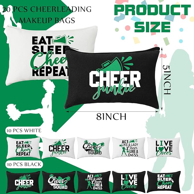 Pinkunn 20 Pcs Cheer Makeup Bags Bulk Cheerleader Gifts for Women Canvas Cheer Cosmetic Pouch Toiletry Zipper Makeup Case Cheerleading Portable Travel Pouch Team Accessories(Green)