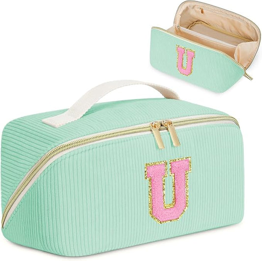 Gifts for Girls, Initial Travel Makeup Bag Women's Day Gift Make up Bag Cosmetic Bags Monther's Day Gifts, Personalized Stuff Bag Cute Makeup Bag Birthday Gifts for Women/Friend/Mother Green - U