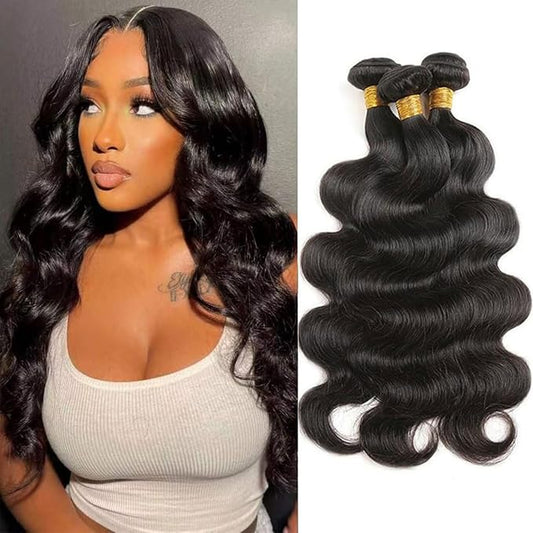 12A Human Hair Bundles 14 16 18 Inch Body Wave Bundles Human Hair 100% Unprocessed Brazilian Virgin Hair 3 Bundles Deals Weave Extensions Real Human Hair Natural Black Color Bundle