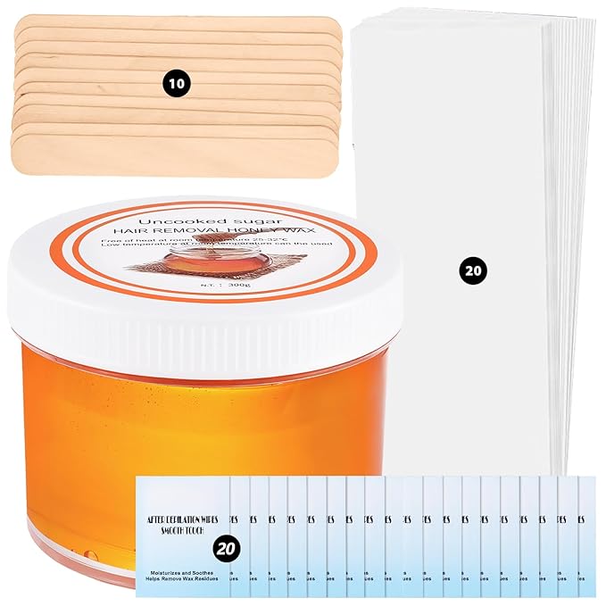 Sugar Wax Kit for Hair Removal: 300g Body & Face Organic Sugaring Paste for Personal Home Use and Professional Salon Use - with 20pcs Wax Strips, 10pcs Sticks, 20pcs Cleaning Oil Wipes