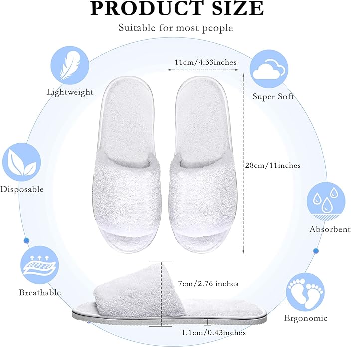 Shinymoon 8 Pairs Disposable Velvet Open Toe Non Slip Spa & Travel Slippers - White, Medium