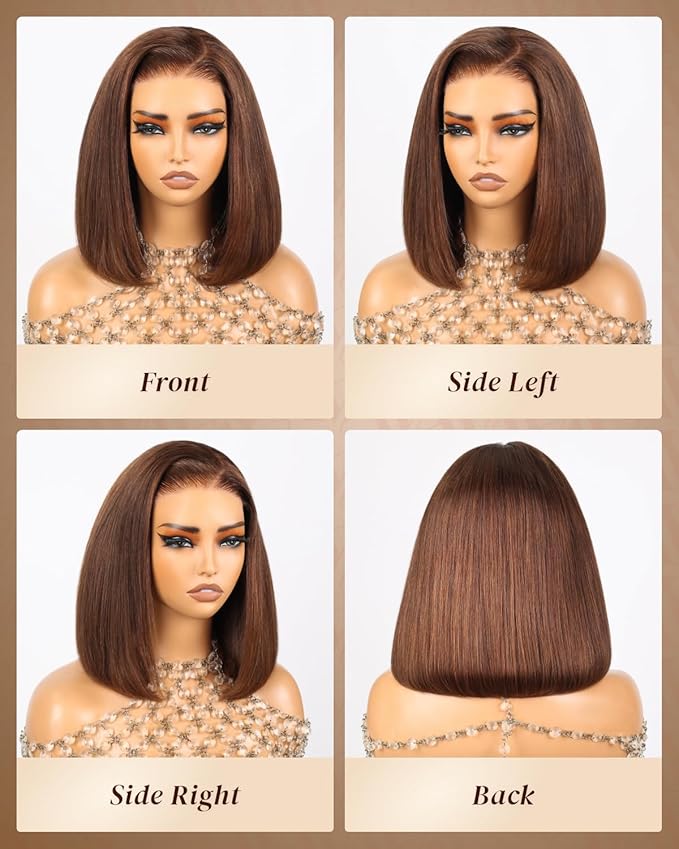 Arabella 5x6 4# Brown Bob Wig Human Hair 210% Density Wear and Go Glueless Wigs Human Hair Chocolate Brown Straight Bob Wig Lace Front Wigs Pre Cut Lace Pre Bleached Knots(10inch, 5x6 Glueless Bob)