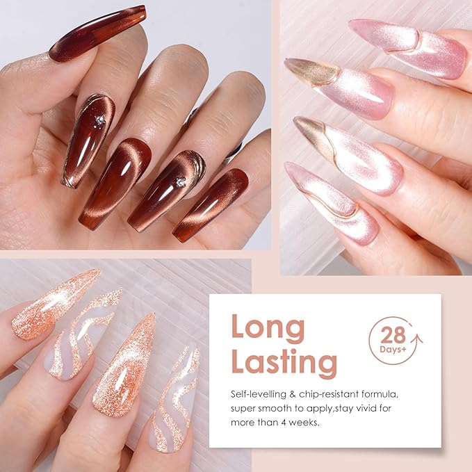 MEET ACROSS Brown Cat Eye Gel Nail Polish Set 18PCS Glitter Gel Polish Kit Gold Gel Amber Caramel Shimmer Nail Polish Kit Reflective Fall Translucent Cateye Gel Polish Salon DIY Gifts