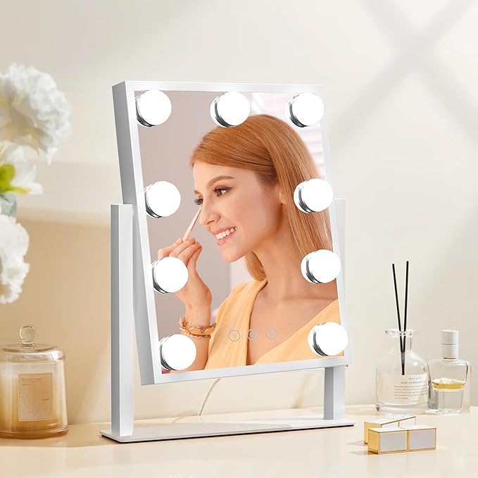 10" x 12" Vanity Mirror with Lights, 360°Rotation Tabletop Makeup Mirror with 9 LED Lights Bulbs, Portable Travel Mirror with 3 Color Lighting Modes, Mirror with Lights for Bedroom, White