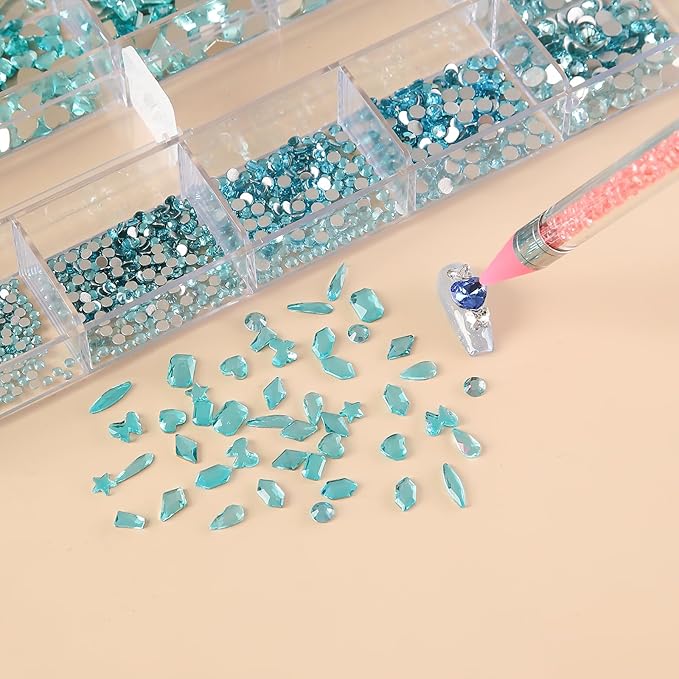 Nail Art Rhinestones 12 Kinds of 600 PCS + 6600 Pieces Flat Back Rhinestones Mixed Different Size Flat Back Rhinestones Crystals 3D Decoration Flat Back Stones Gemstone Set for Nail Art DIY（lake blue）