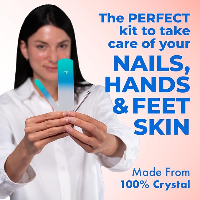 Starter Crystal Nail Set Care - 3PC Includes Glass Foot Scraper, Medium Crystal Nail File, and Cuticle Stick for Natural Nails, Glass Nail File Kit