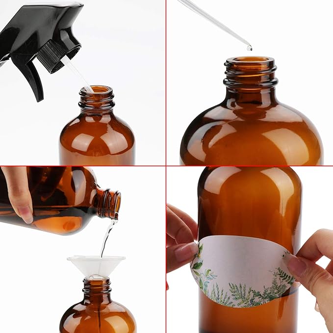 16oz Amber Glass Spray Bottles，Adjustable Sprayers & Chalk Labels, with caps for Essential Oils, Cleaning Products, or Aromatherapy (Spray Bottle Set) [12 pack]