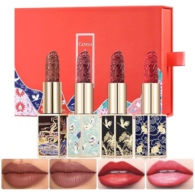 Catkin Lipstick Hydrating High Impact Color Infused with Vitamin E and Avocado Oil Smooth Soft Texture Long Lasting Glow + Matte Finish 4pcs with Gift Box