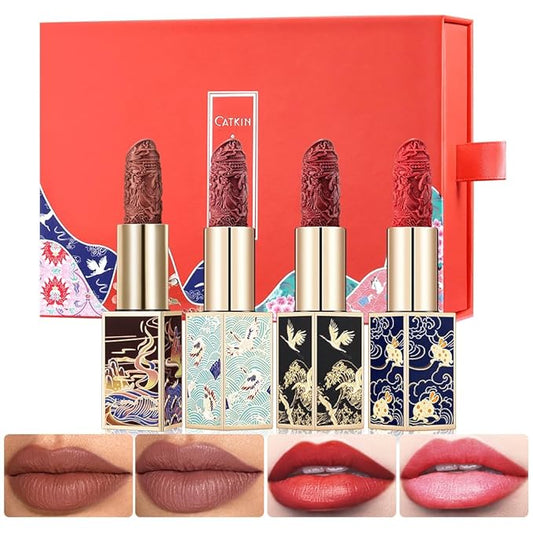 Catkin Lipstick Hydrating High Impact Color Infused with Vitamin E and Avocado Oil Smooth Soft Texture Long Lasting Glow + Matte Finish 4pcs with Gift Box