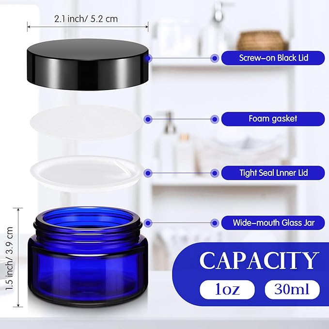 Domensi 60 Pcs 1oz Glass Jars with Lids Bulk Salve Tins Small Glass Candle Cosmetic Jars for Travel with Inner Liners Containers for Lotions Sample Cream(Cobalt Blue, Black Lid)