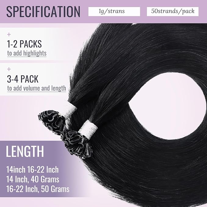 Fshine Nail Tip Hair Extensions Human Hair Jet Black 16 Inch Pre Bonded U Tip Remy Human Hair Extensions Color 1 Black Keratin Bond Real Hair Extensions Hot Fusion 50g/set 1g/s