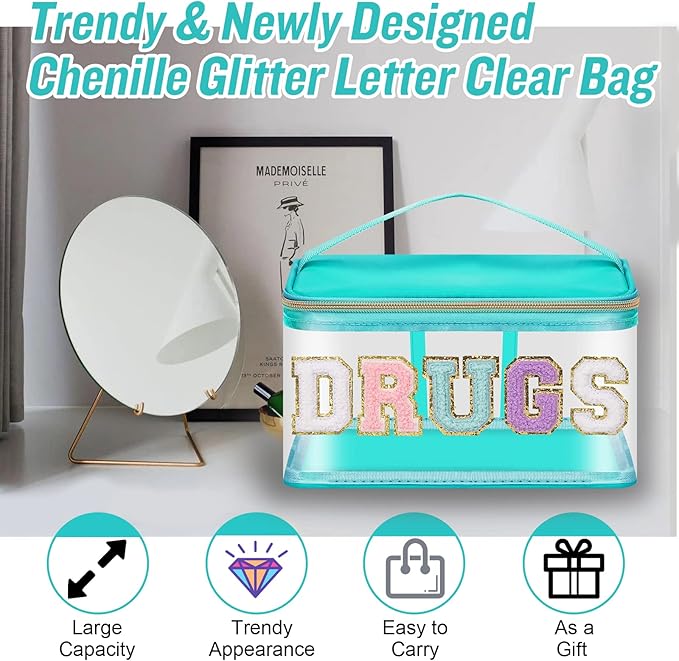 Chenille Letter Clear Makeup Bags Drugs Pouch, Preppy Patch Makeup Bag Zipper with Handle, Transparent PVC & Nylon Waterproof Glitter Cosmetic Handbag Travel Toiletry Storage for Women (DRUGS-Green)