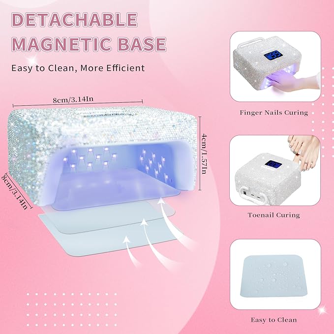 220W UV LED Nail Lamp, UV Light for Gel Nails, Wireless Rechargeable Professional Curing Lamp, with Portable Handle and Sparkly Rhinestones, LCD Display, Easy to Carry for Salon & Home