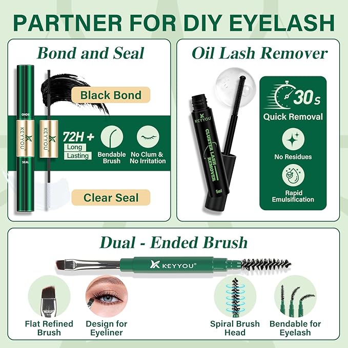 Lash Extension Kit with Bottom Lashes Mixed 5-18mm 80D 100D Eyelash Extension Kit Multi-Type Lash Clusters with Bond and Seal Applicator Remover DIY at Home