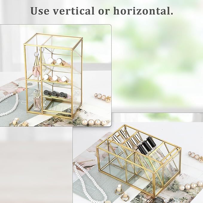 ELLDOO Rollerball Perfume Organizer, 6 Compartment Clear Glass Perfume Storage Holder Vintage Beauty Scent Holder, Metal Makeup Lipgloss Lipstick Display Case