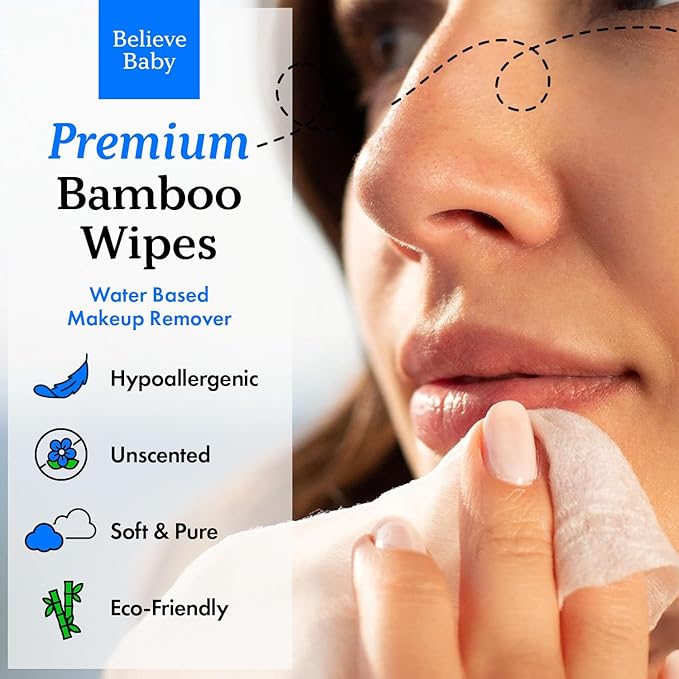 Believe Makeup Remover Wipes 80pc x 4 Packs - Bamboo Viscose Unscented Wipes for Women Cleansing, Disposable Make Up Wipes Remover, Face Cleansing Wipes, Makeup Wipes for Women, Gentle and Compostable