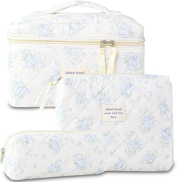 Makeup Bag, 3 PCS Quilted Makeup Bag, Cute Floral Cotton Cosmetic Bag set, Coquette Makeup Pouch Large Travel Toiletry Bag