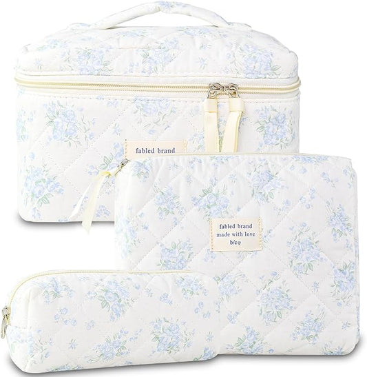 Makeup Bag, 3 PCS Quilted Makeup Bag, Cute Floral Cotton Cosmetic Bag set, Coquette Makeup Pouch Large Travel Toiletry Bag