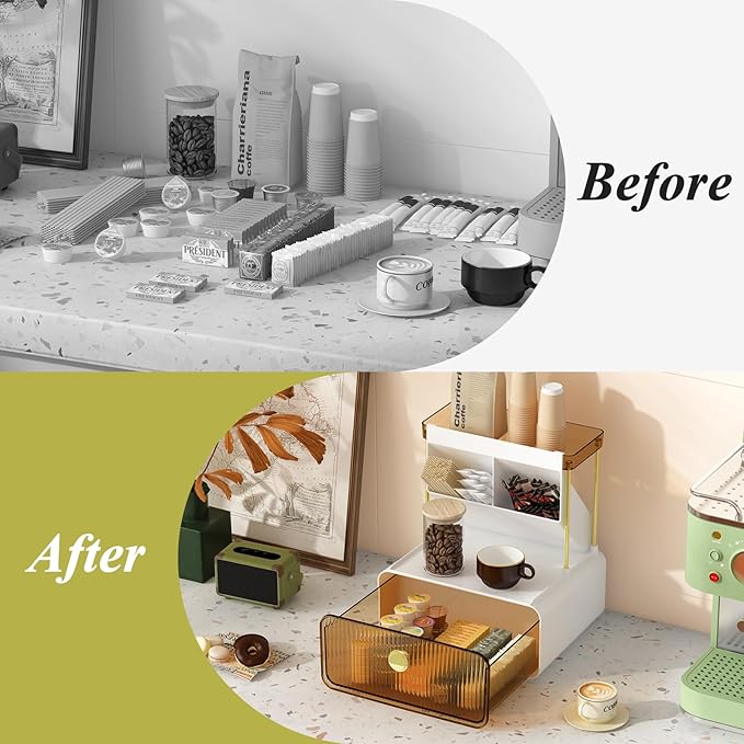 Makeup Organizer with Storage Drawer,Cosmetic Display with Lipsticks Brush Holder Perfume Tray,Organize Cosmetics and Beauty Supplies for Vanity,Dresser,Bathroom,Desktop Organizer,Amber