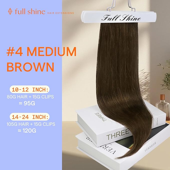Full Shine Hair Extensions Clip in Real Human Hair Chestnut Brown Clip on Hair Extensions Invisible Brown Hair Full Head 18 Inch 7 Pcs 120 G