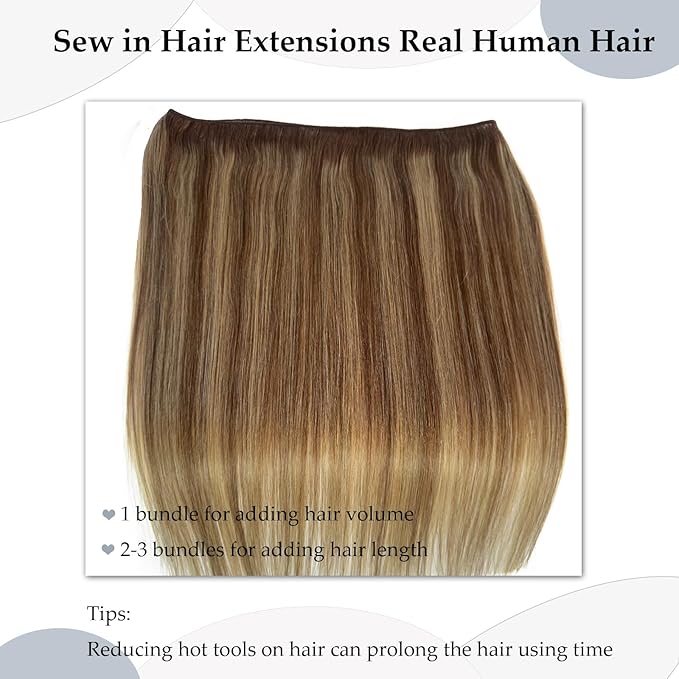 Sew in Bundles Hunan Hair Weft Extensions 24 Inch Ombre Brown Balayage Ash Blonde Highlights Hair Extensions Real Human Hair Sew in 120G Hand Tied Weft Human Hair Bundles Weave Extensions for Women
