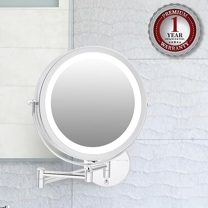 OVENTE 9" Lighted Wall Mount Makeup Mirror with 1X/10X Magnification, Cordless Double Sided Magnifying Round Vanity Mirror, 360° Swivel Design, Extendable and Folding Arm, Polished Chrome MFW85CH1X10X