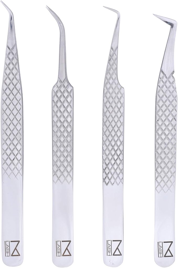 M LASH Tweezers for Eyelash Extensions (Set of 4) - Professional Lash Extension Tweezers - Fiber Tip, Japanese Steel, Diamond Grip (Silver)