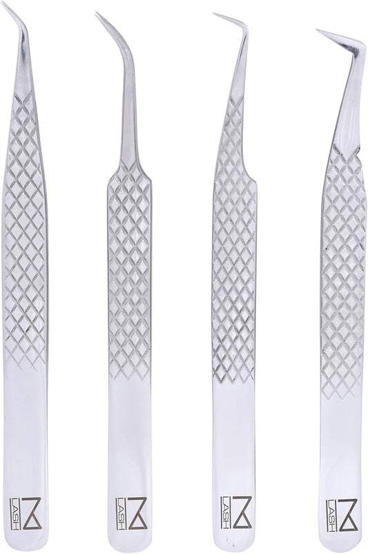 M LASH Tweezers for Eyelash Extensions (Set of 4) - Professional Lash Extension Tweezers - Fiber Tip, Japanese Steel, Diamond Grip (Silver)