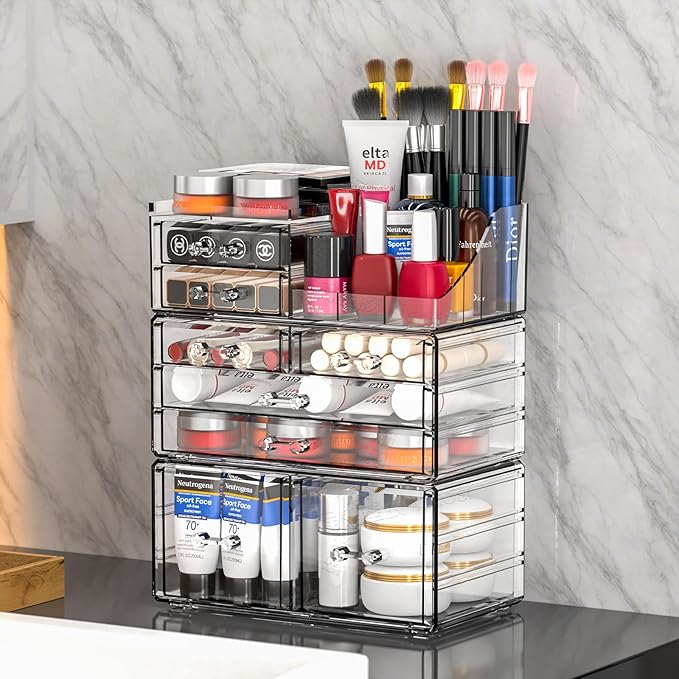 Cq acrylic 3 Pack Clear Makeup Organizer Countertop,Stackable 8 Drawers Skin Care Organizer,Cute Make Up Organizers for Vanity Jewelry,Hair Accessory,Beauty,Skin Care,Skincare Product Desk Storage