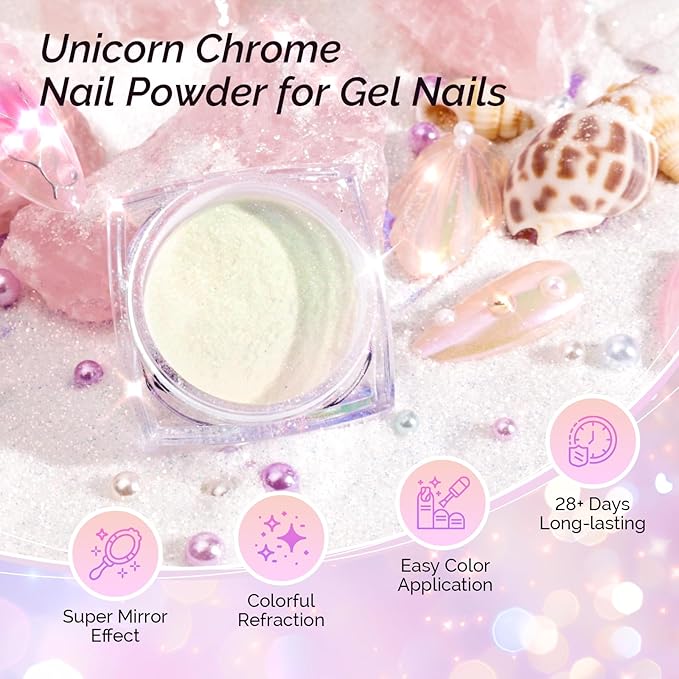 MelodySusie Unicorn Chrome Nail Powder,Ice Transparent Aurora,Mirror Effect,Color Changing Pearlescent,Multi-color Chrome Rainbow Pigment Super Shiny,Suitable for Home DIY Nail Salon