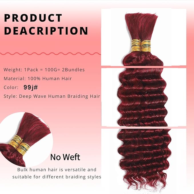 Burgundy Human Braiding Hair for Boho Braids 12A No Weft Curly Human Hair Braiding Hair Wet and Wavy Water Wave Bulk Human Hair for Braiding 2 Bundles/Pack (99J-Deep Wave, 18 Inch)