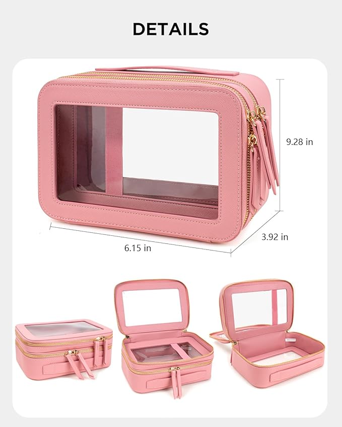 Clear Makeup Bags TSA Approved Toiletry Bag Handle Large Opening,Clear Toiletry Bags for Carry-on Traveling Travel Car Accessories Essentials Organziation Storage for Women Girls(Rose Pink, 2Layer)