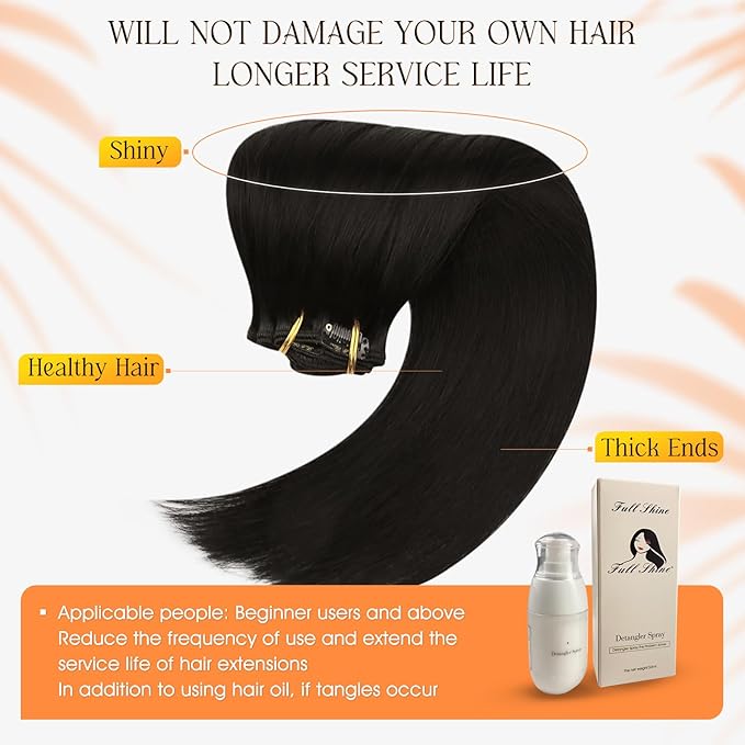 Full Shine 22 Inch Hair Extensions Real Human Hair Clip Ins Black Hair Clip on Extensions Off Black Clip in Hair Extensions Extra Volume Soft Remy Human Hair for Black Women 7 Pcs 150 G
