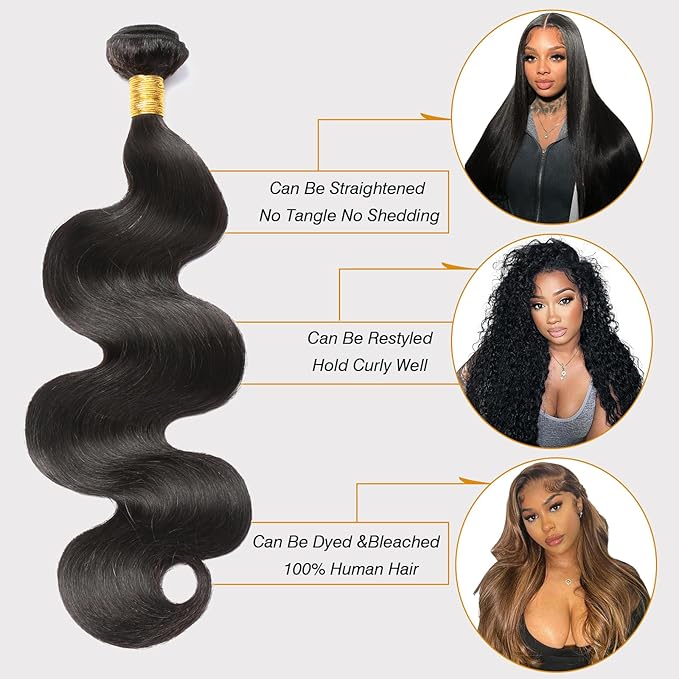 12A Human Hair Bundles Body Wave 34 Inch - 100% Unprocessed Brazilian Virgin Hair Extensions 1 Bundles Quick Weave Natural Black