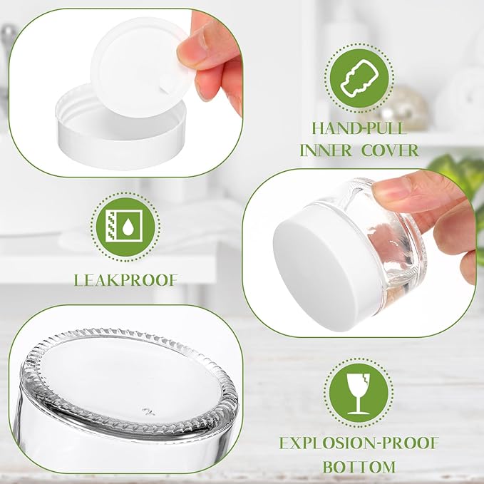 Domensi 60 Pcs 1oz Glass Jars with Lids Bulk Salve Tins Small Glass Candle Cosmetic Jars for Travel with Inner Liners Containers for Lotions Sample Cream(Clear, White Lid)