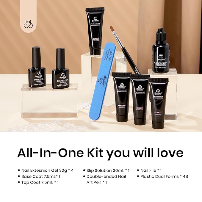 Beetles Poly Nail Extension Gel Kit, 7 Pcs Clear Jelly Glitter Golden Nude Brown Colors Poly Building Gel Enhancement Manicure Kit Top Base Coat Slip Solution Nail Art Soak Off UV Fall Nails